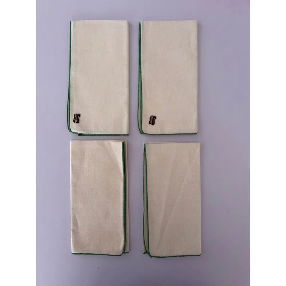 Vintage Bucilla Linen Dinner Napkins Set 4 Green Edging Trim Mid Century Table